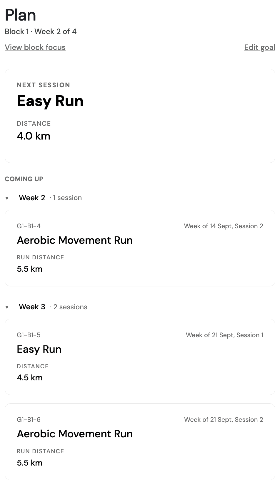 STEADY's plan screen showing the next session and one upcoming week of a four-week training block.